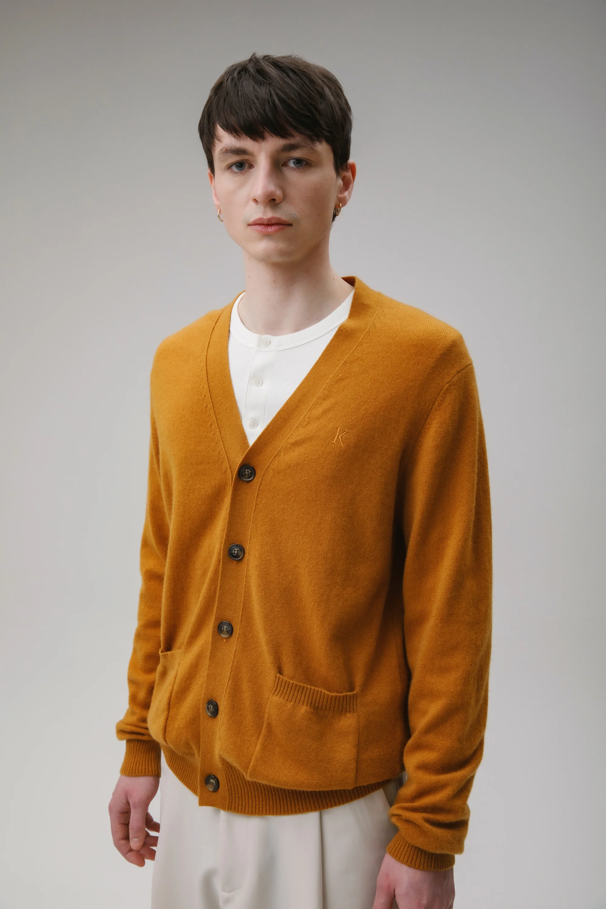 Unisex V Neck Pocket Cashmere Cardigan - Gingersnap - Image 2