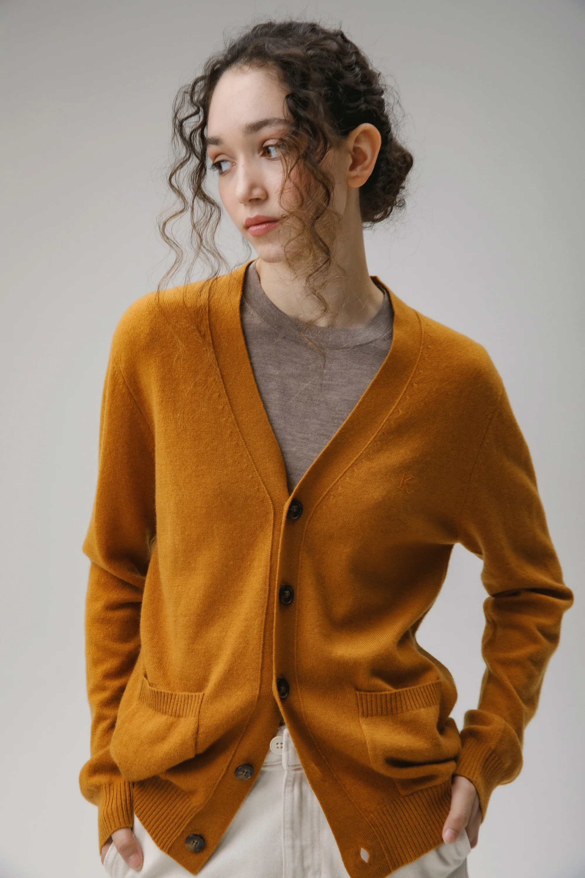 Unisex V Neck Pocket Cashmere Cardigan - Gingersnap - Image 7