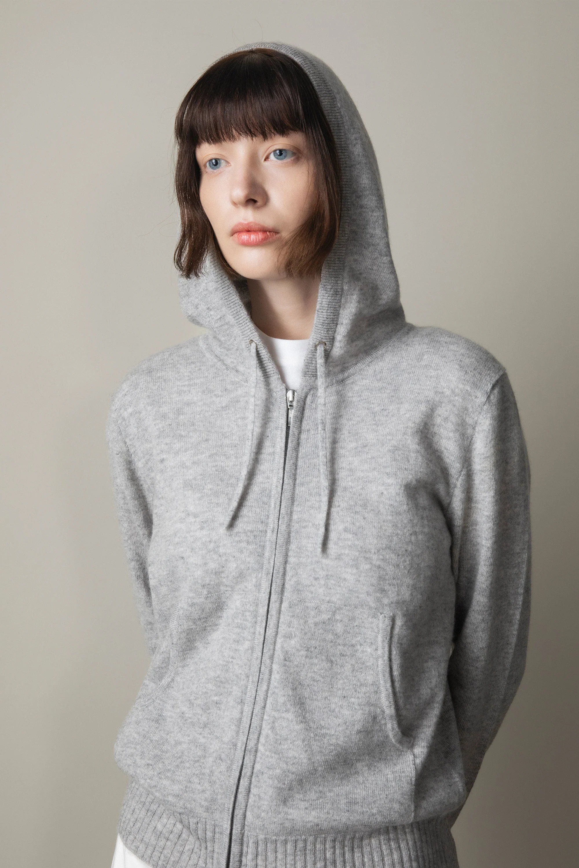 Unisex Cashmere Zip Hoodie - Light Grey - Image 6