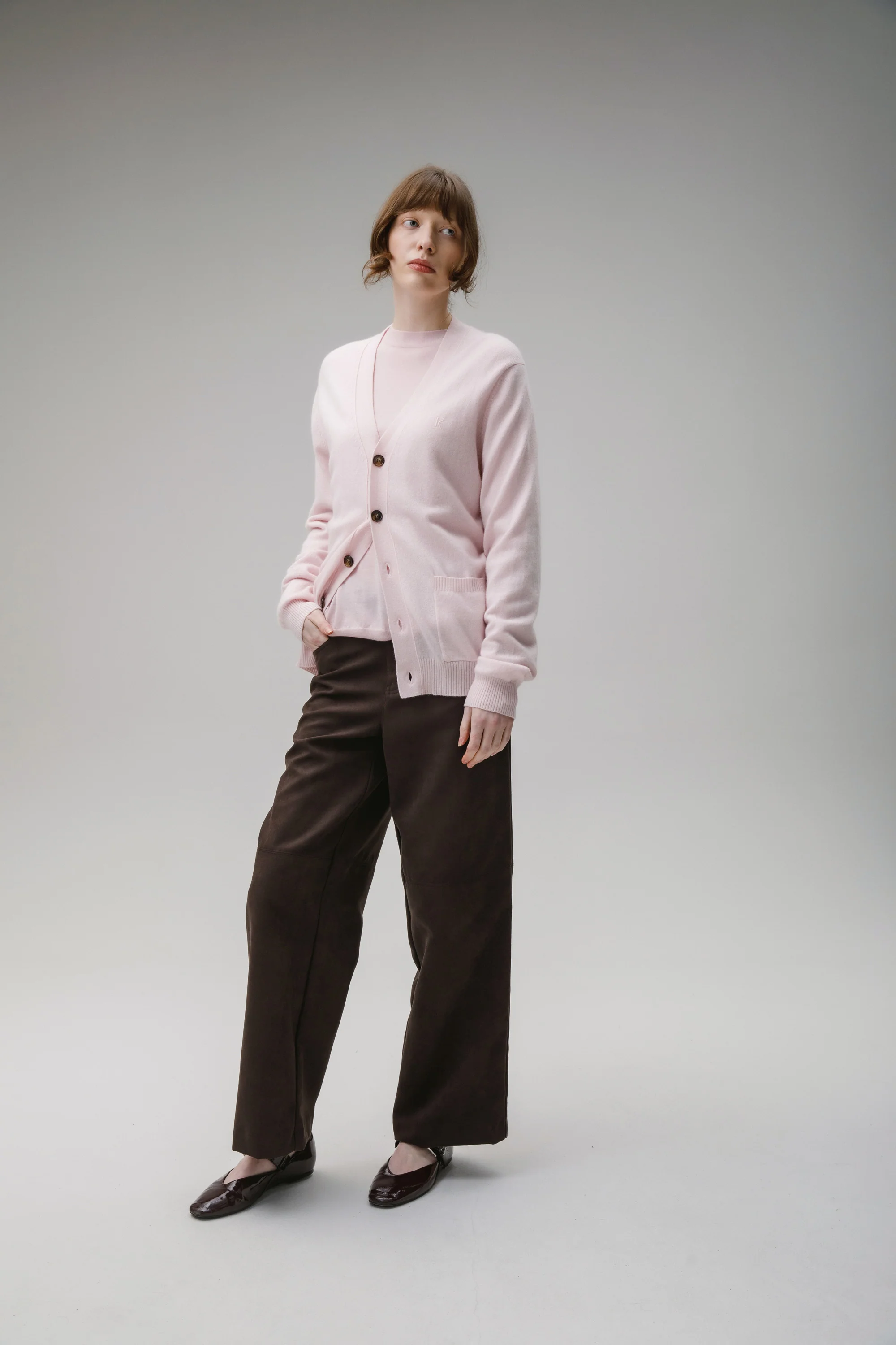 Unisex V Neck Pocket Cashmere Cardigan - Pale Pink