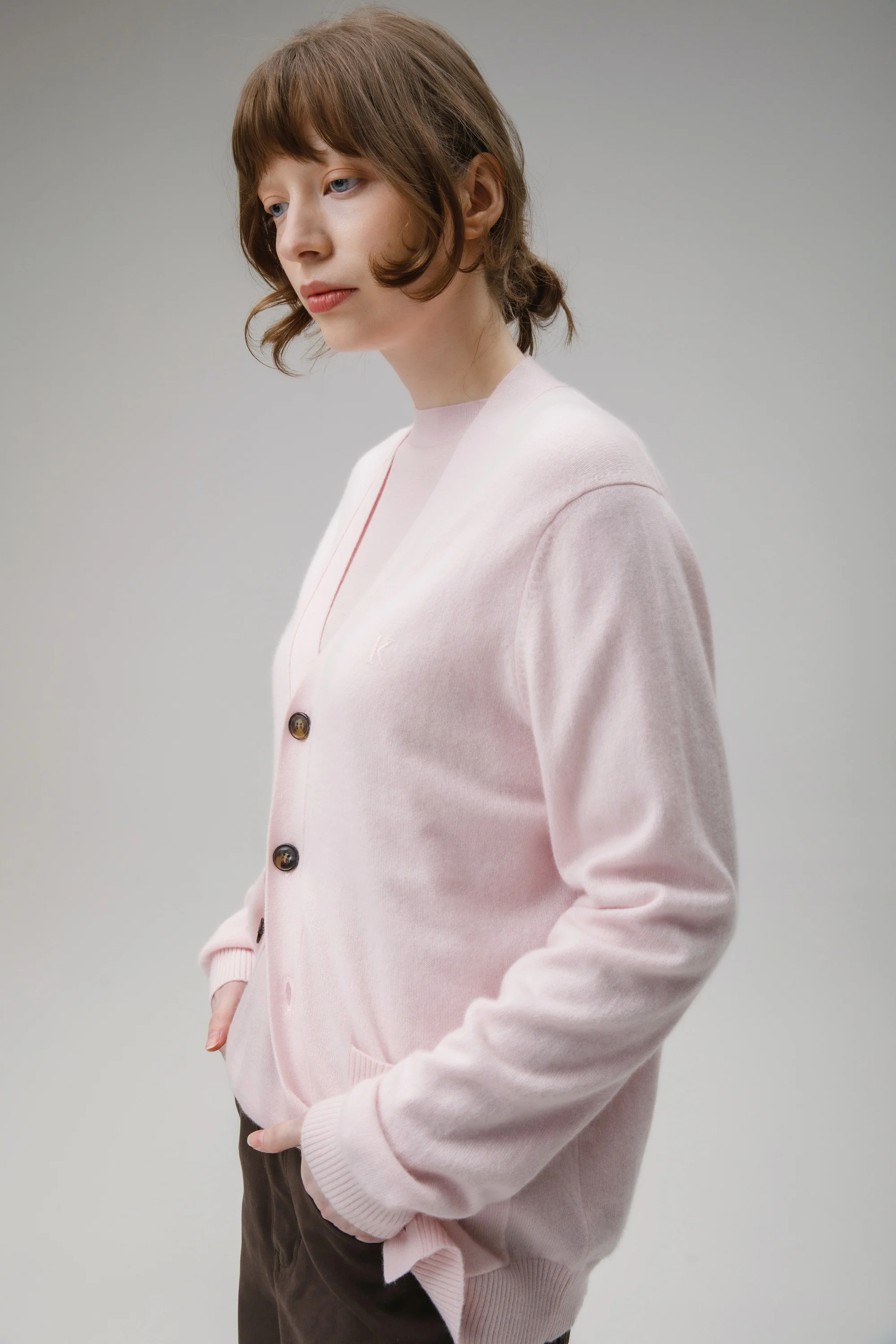 Unisex V Neck Pocket Cashmere Cardigan - Pale Pink - Image 2