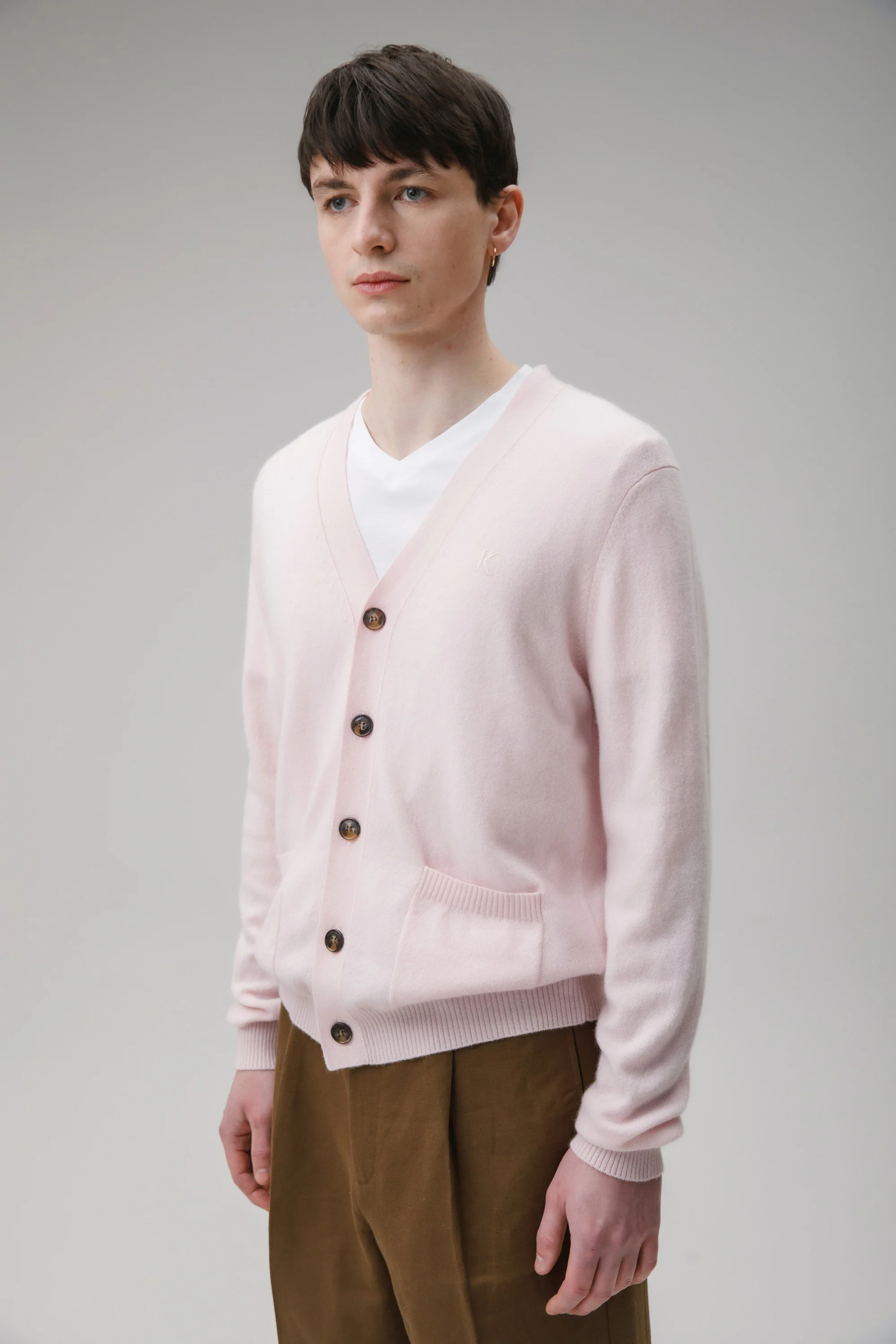 Unisex V Neck Pocket Cashmere Cardigan - Pale Pink - Image 7