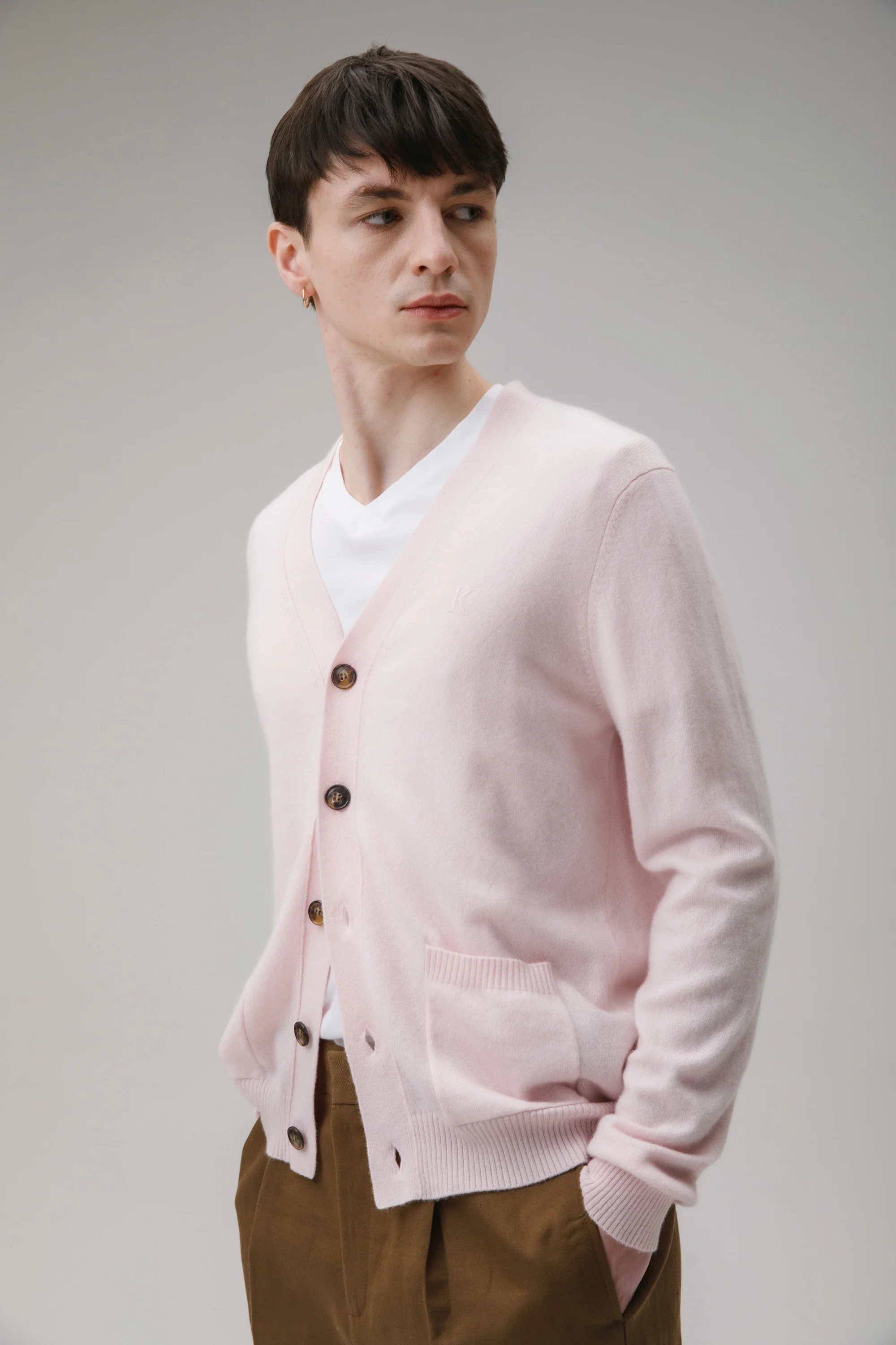 Unisex V Neck Pocket Cashmere Cardigan - Pale Pink - Image 8