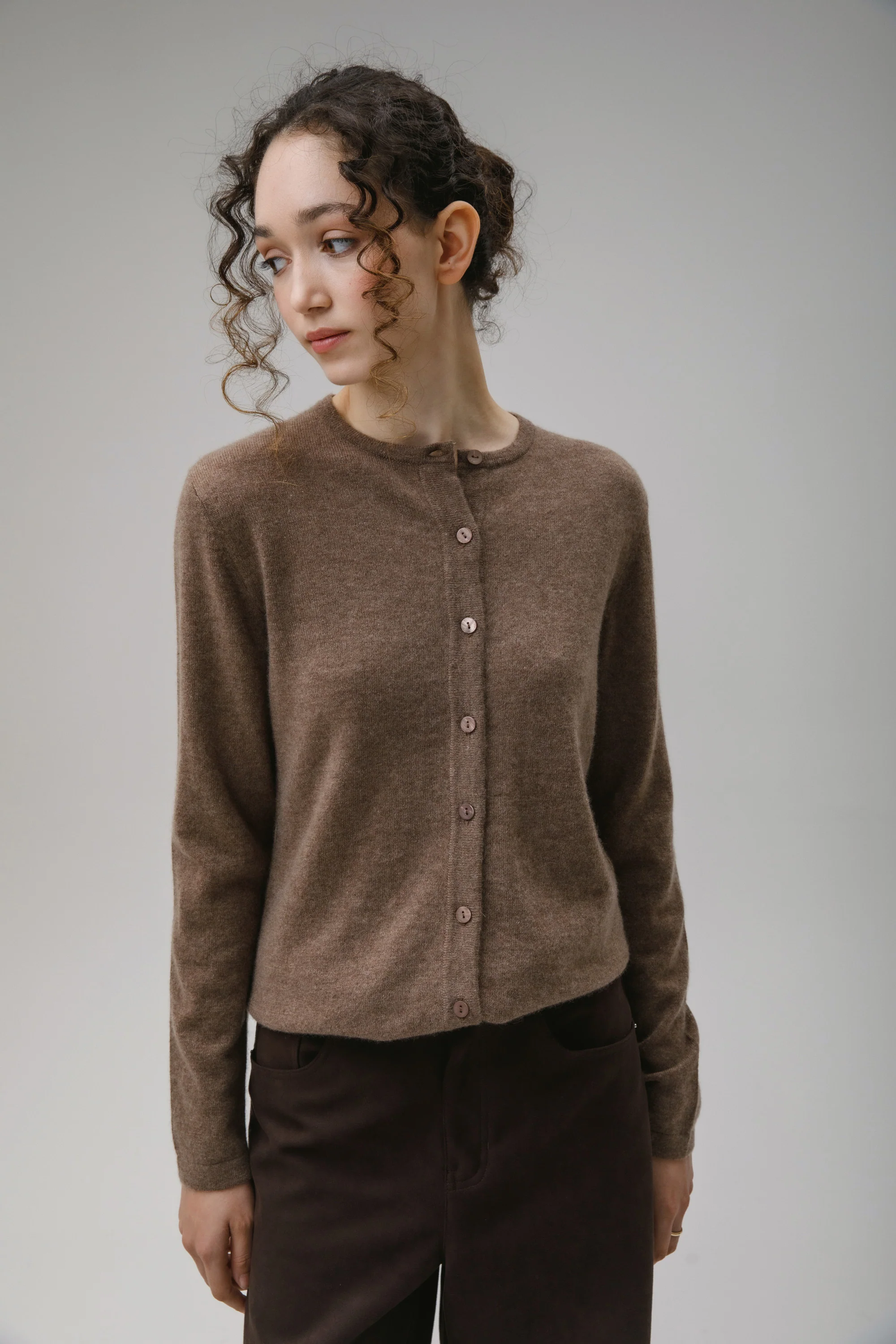 Women's Cashmere High Button Cardigan - Squirrel - Image 2
