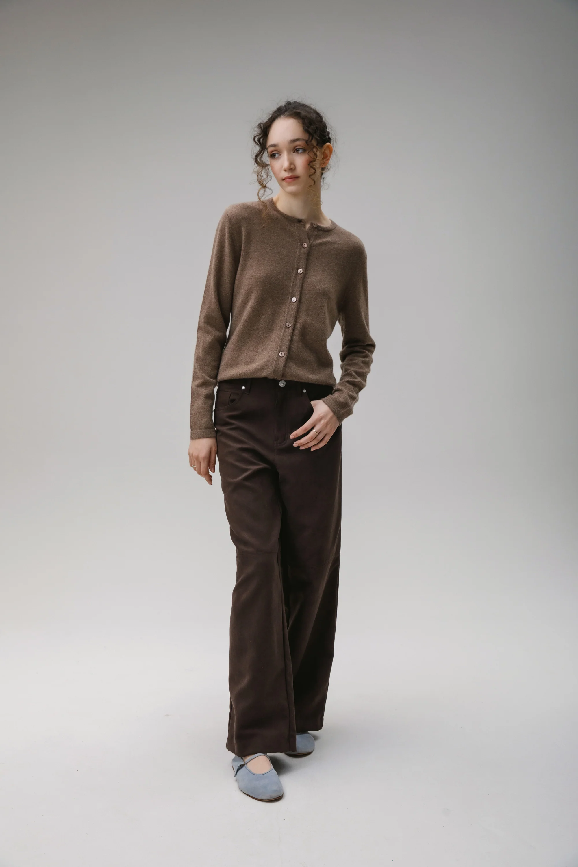 Women's Cashmere High Button Cardigan - Squirrel - Image 4