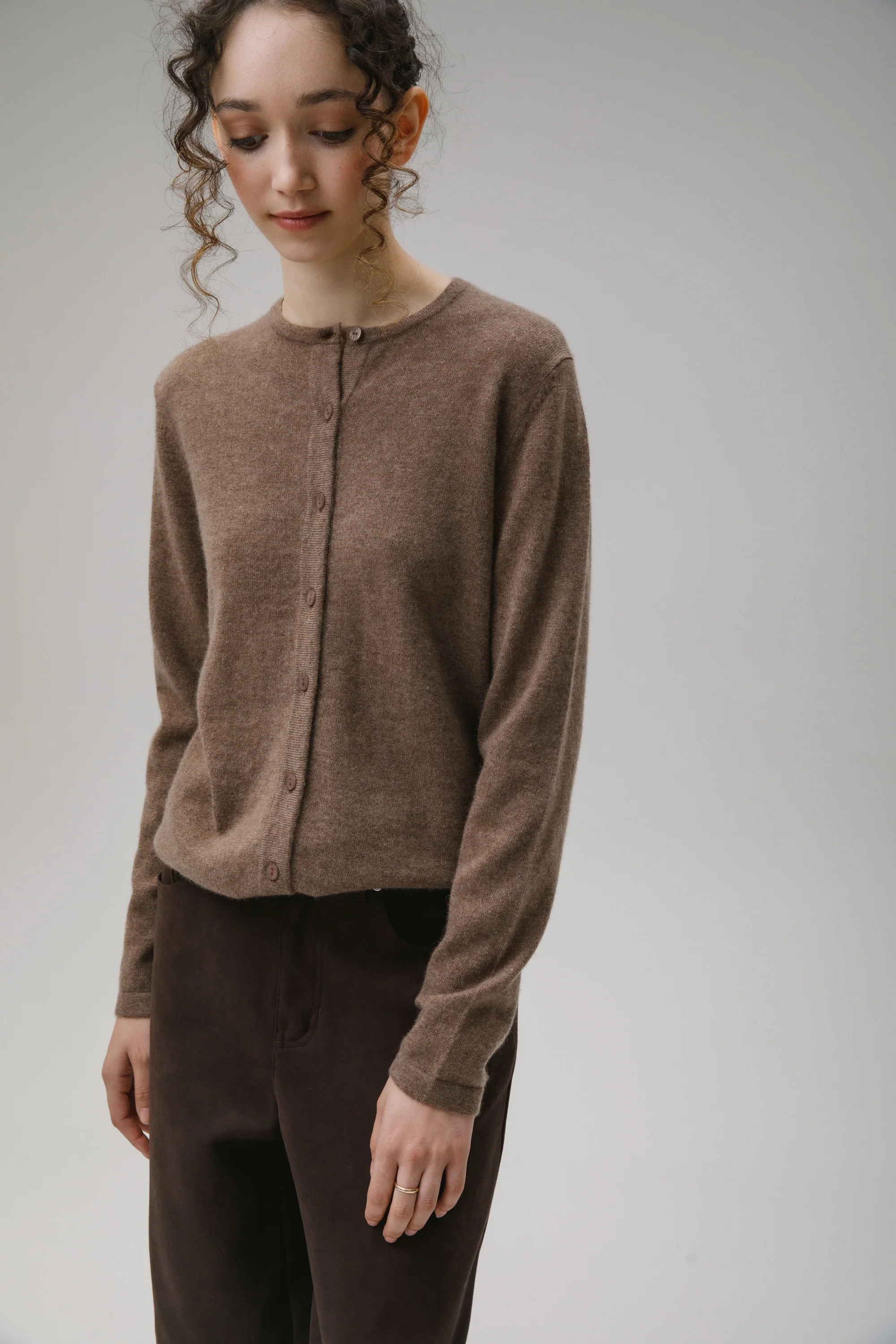 Women's Cashmere High Button Cardigan - Squirrel - Image 5