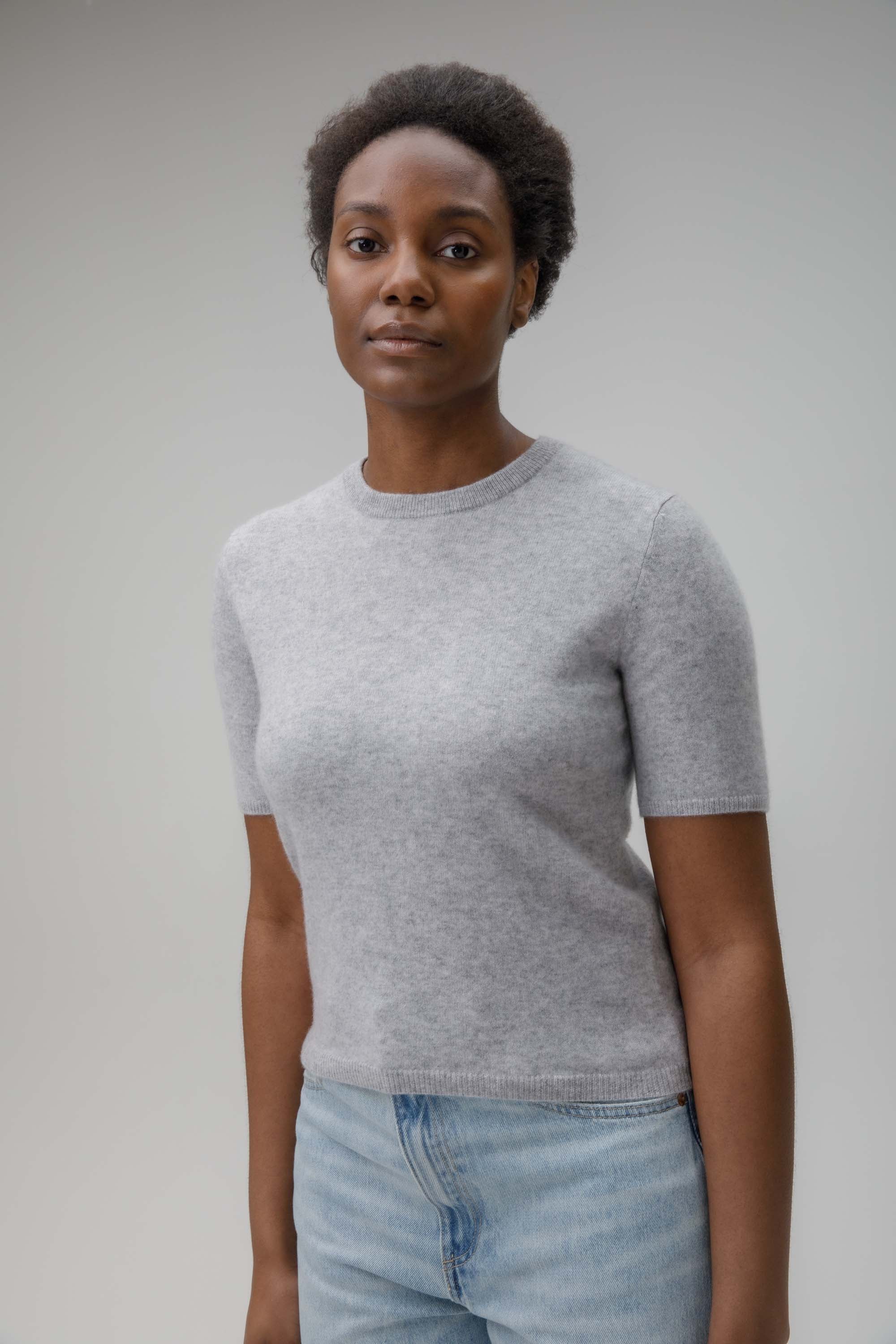 Women's Crew Neck Cashmere T-Shirt  - Light Grey