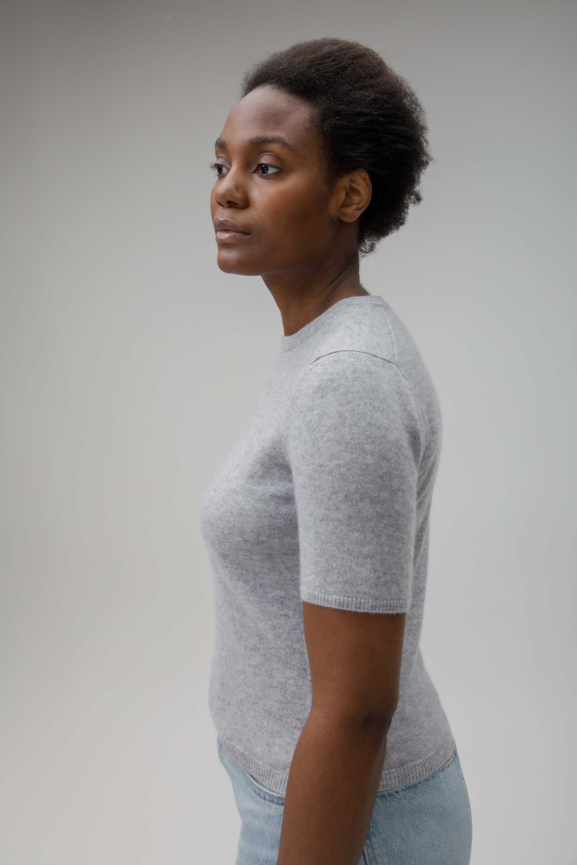 Women's Crew Neck Cashmere T-Shirt  - Light Grey - Image 2