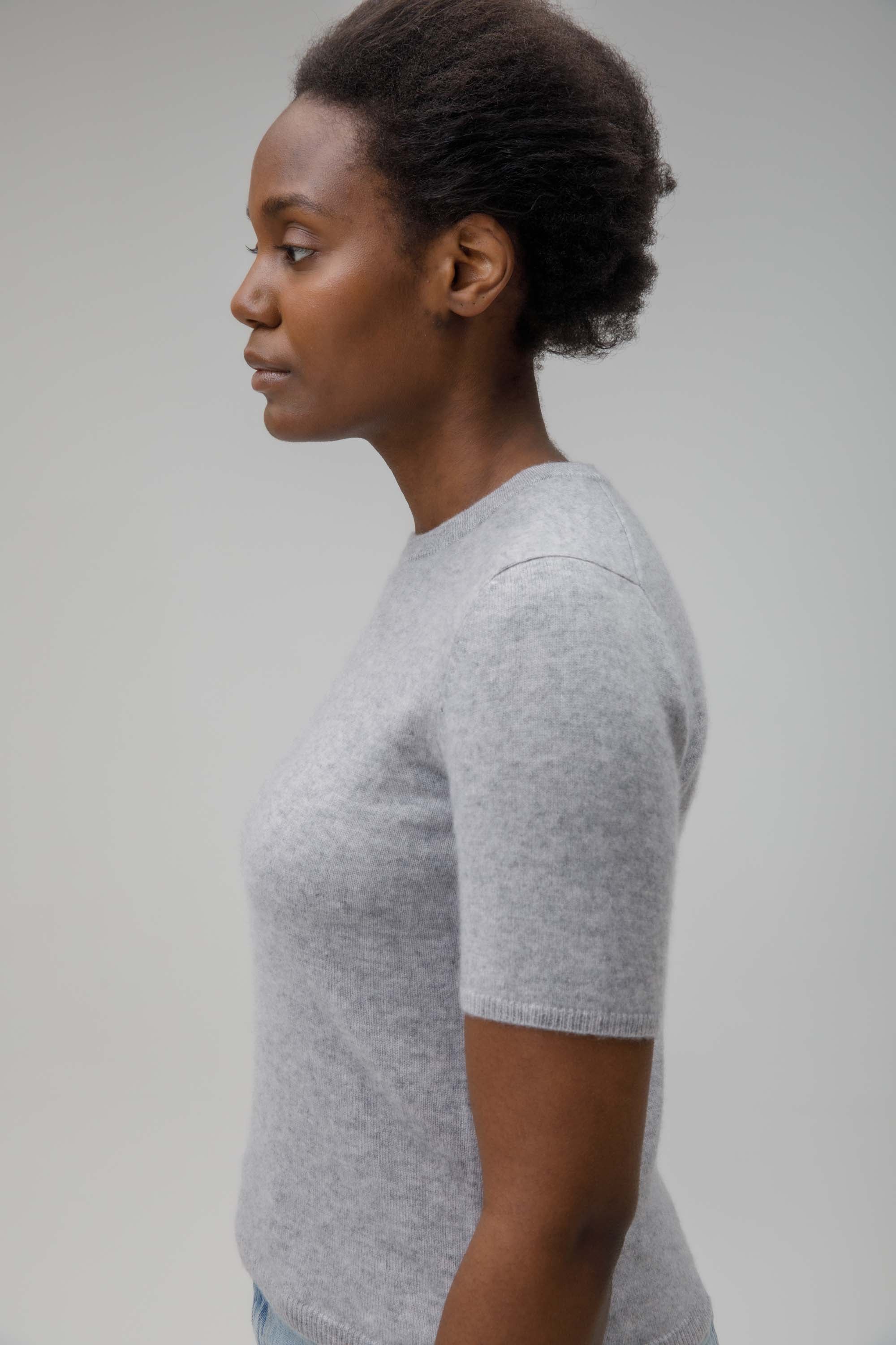 Women's Crew Neck Cashmere T-Shirt  - Light Grey - Image 3