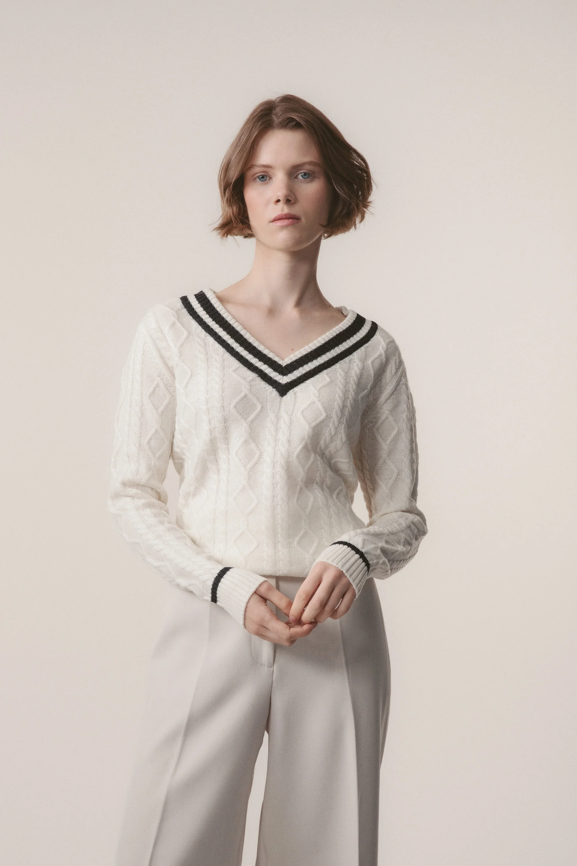 Women's Cashmere Cricket Style Jumper - Cream & Charcoal - Image 3