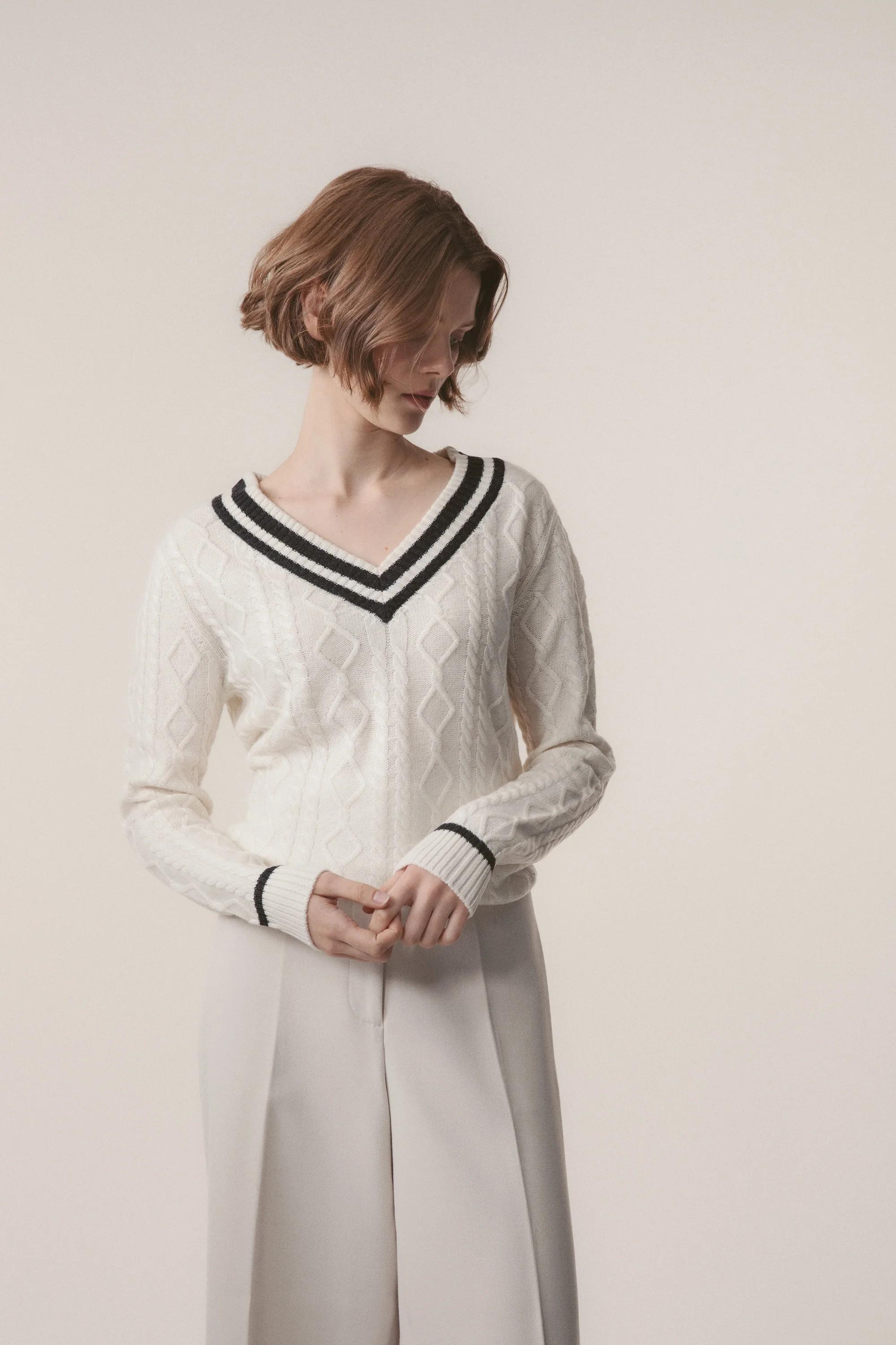 Women's Cashmere Cricket Style Jumper - Cream & Charcoal - Image 4