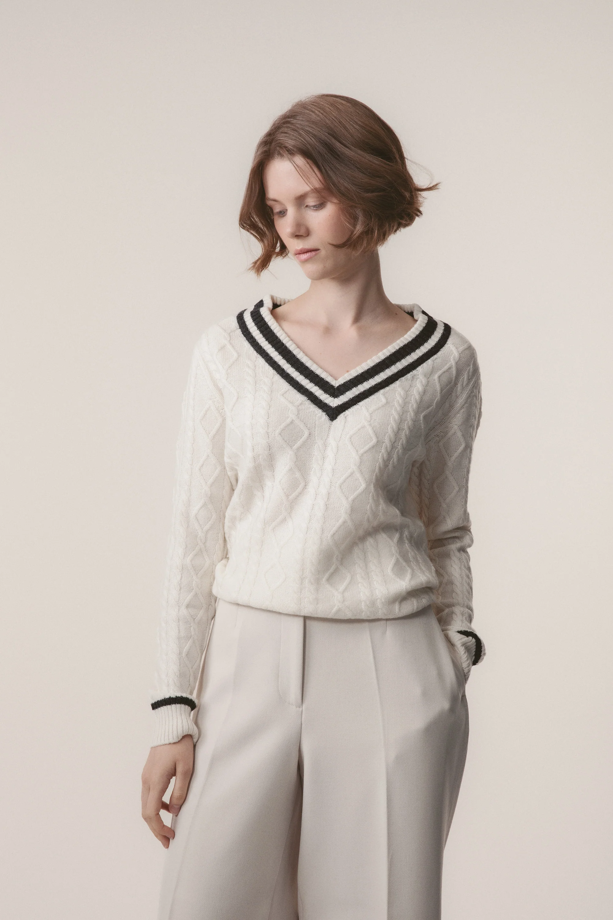 Women's Cashmere Cricket Style Jumper - Cream & Charcoal - Image 5