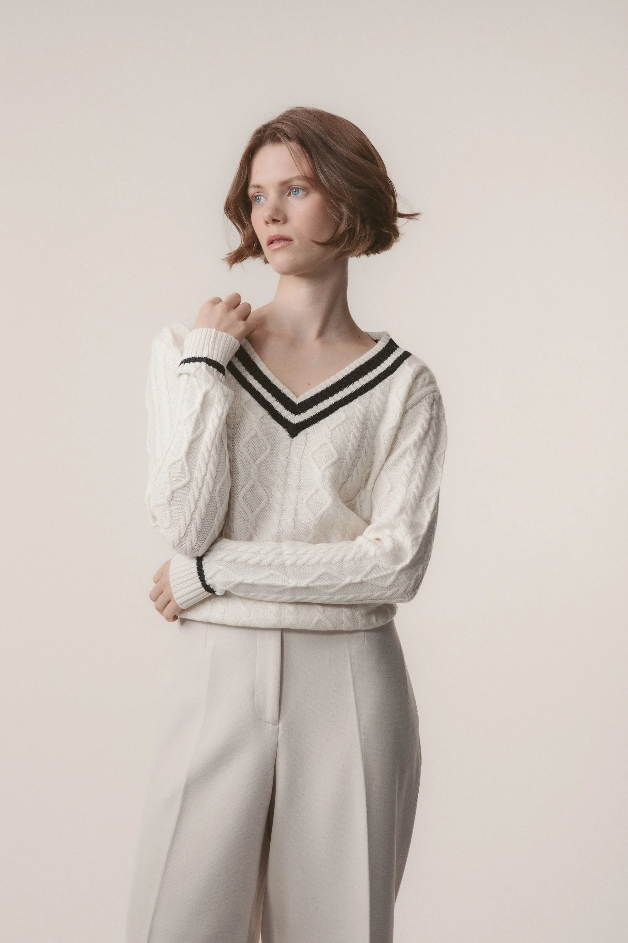 Women's Cashmere Cricket Style Jumper - Cream & Charcoal - Image 6