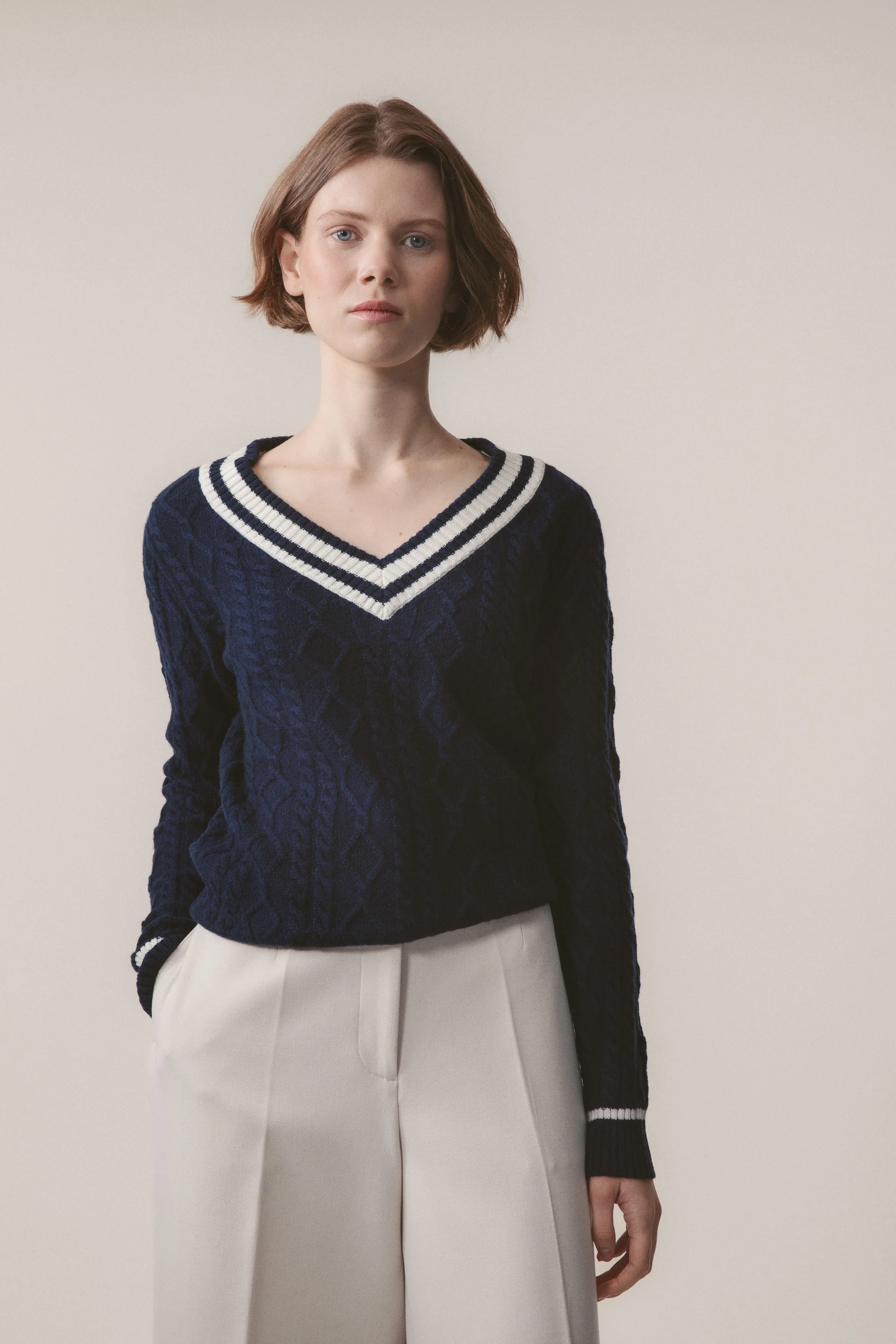 Women's Cashmere Cricket Style Jumper - Navy & Cream - Image 2