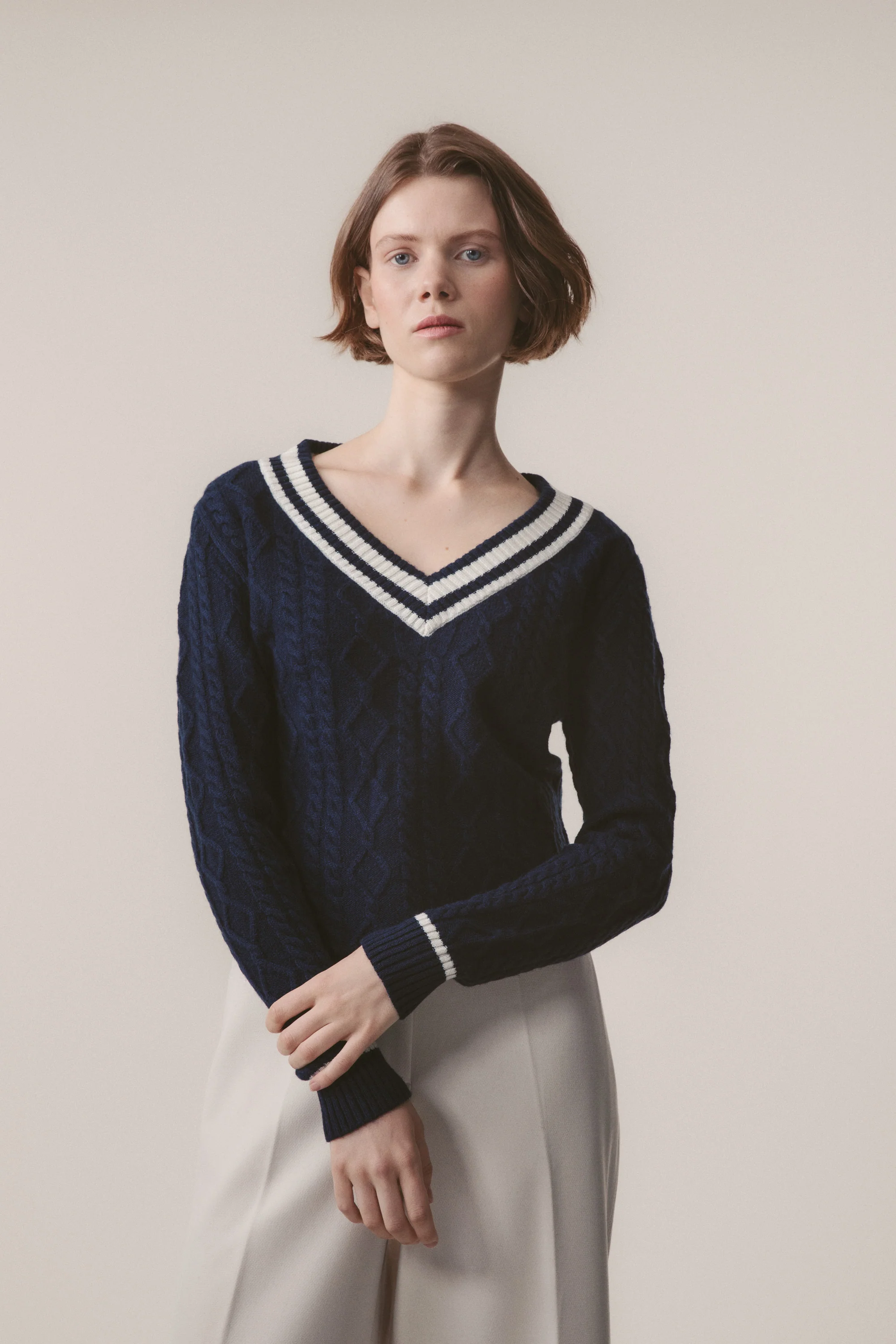 Women's Cashmere Cricket Style Jumper - Navy & Cream - Image 3
