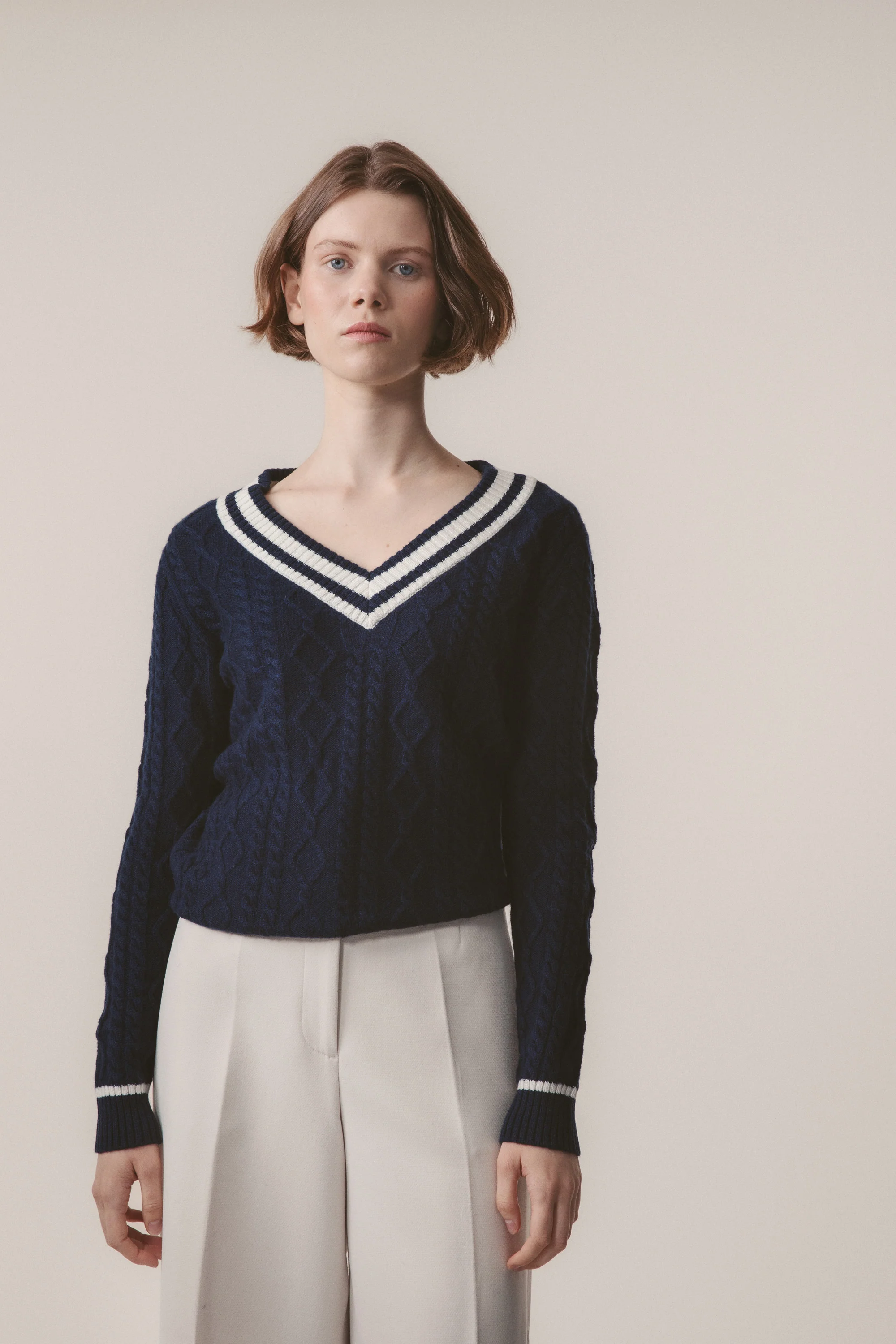 Women's Cashmere Cricket Style Jumper - Navy & Cream - Image 4